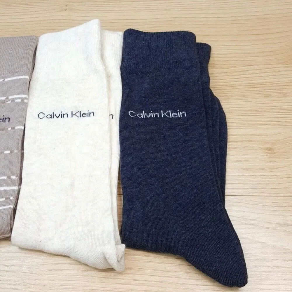 CALVIN KLEIN Mens Dress Socks 3-Pack tan Navy Cream Cotton Blend Logo Size 7-12
